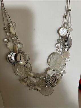 Shell & glass Multi-Strand White & Black Beaded Statement Necklace